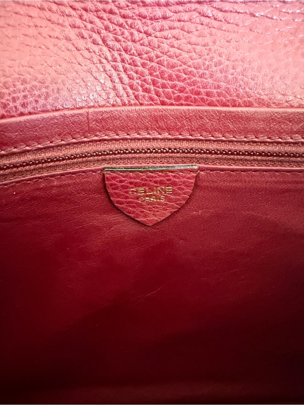 Celine Wine Red Pebbled Leather Envelope Clutch Purse Gold Hardware - Picture 16 of 17